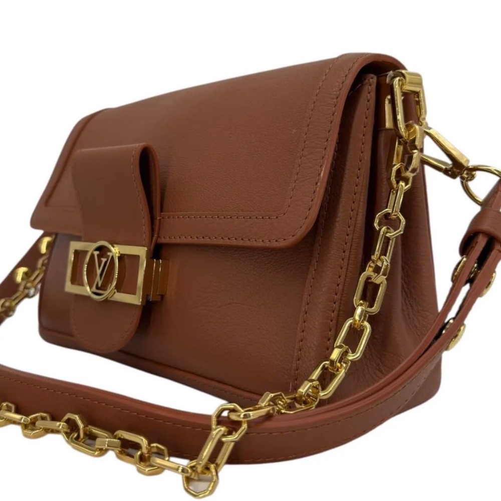 Louis Vuitton Leather Shoulder Bag with LV Turn-Lock Chain Strap Brown
